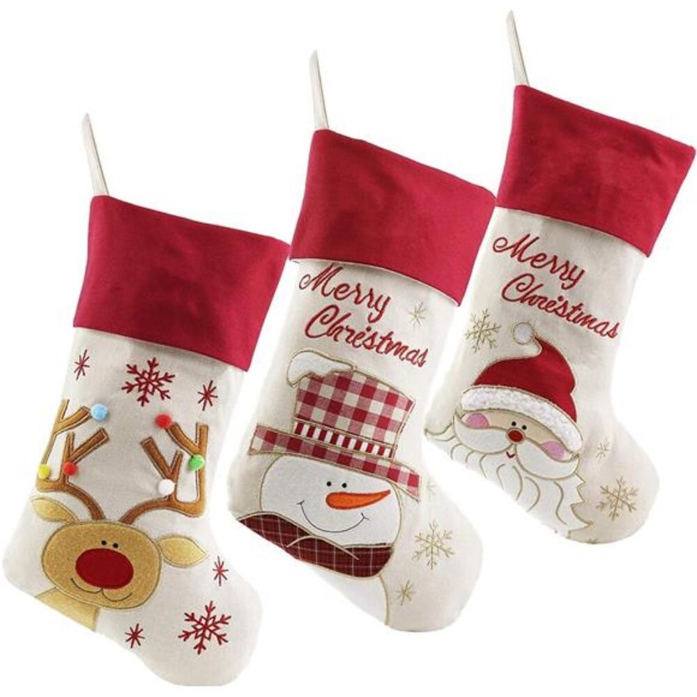 Vintage Christmas Stockings Set of 3 Santa, Snowman, Reindeer, Xmas Character